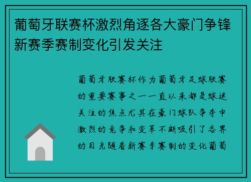 葡萄牙联赛杯激烈角逐各大豪门争锋新赛季赛制变化引发关注