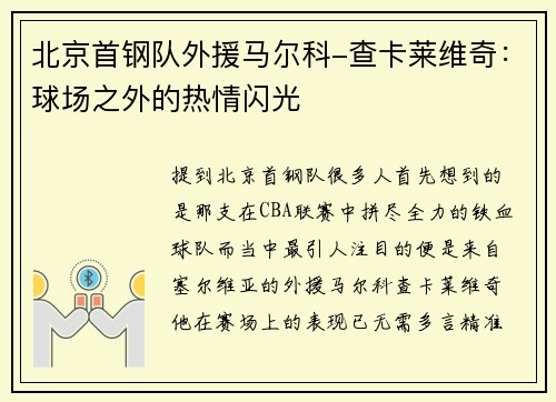 北京首钢队外援马尔科-查卡莱维奇：球场之外的热情闪光