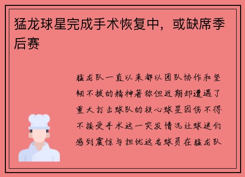 猛龙球星完成手术恢复中，或缺席季后赛